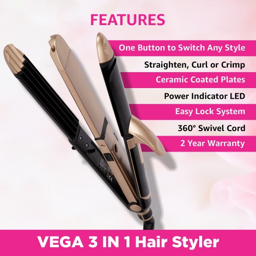 VEGA 3 in 1 Hair Styler, Straightener, Curler & Crimper (VHSCC-01), Black