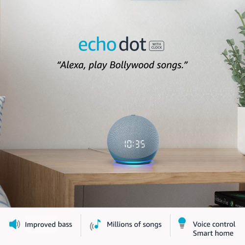 Echo Dot (4th Gen, 2020 release) with clock | Next generation smart speaker with powerful bass, LED display and Alexa (White)