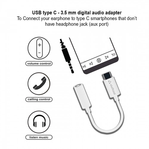 Stuffcool USB Type C to 3.5mm Aux Digital Audio Headphone Jack Adapter/Connector 12 cm - White