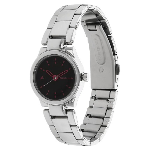 Fastrack Black Dial Silver Metal Strap Women Watch | NL6114SM02