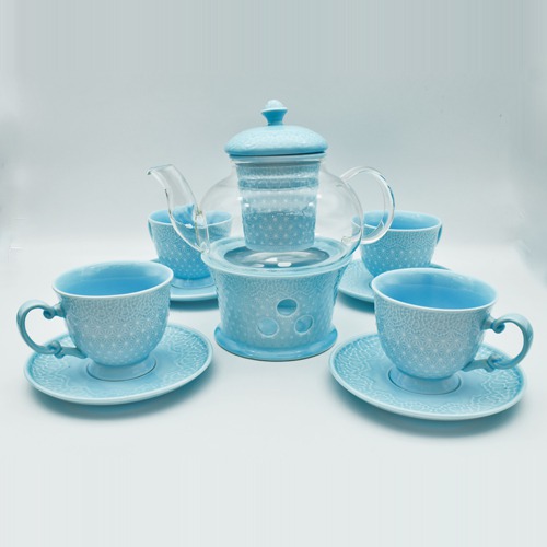 Ceramic Tea Set | Blue | Cup & Saucer Set of 5 Piece, for 4 People