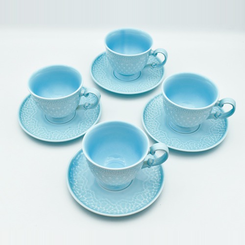 Ceramic Tea Set | Blue | Cup & Saucer Set of 5 Piece, for 4 People