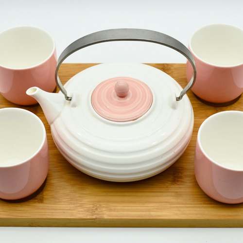 Ceramic Tea Set  | Pink| Tea and Coffee Cup and Saucer with Kettle, Set of 5 Pieces