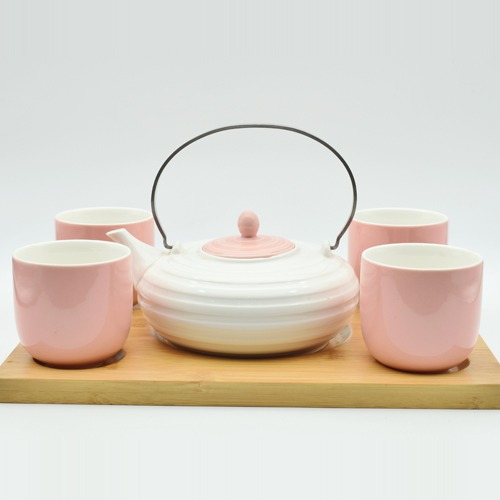 Ceramic Tea Set  | Pink| Tea and Coffee Cup and Saucer with Kettle, Set of 5 Pieces