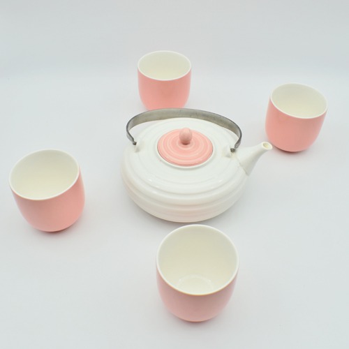 Ceramic Tea Set  | Pink| Tea and Coffee Cup and Saucer with Kettle, Set of 5 Pieces