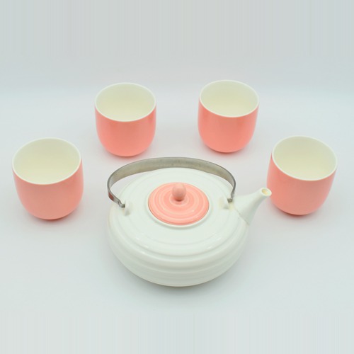 Ceramic Tea Set  | Pink| Tea and Coffee Cup and Saucer with Kettle, Set of 5 Pieces