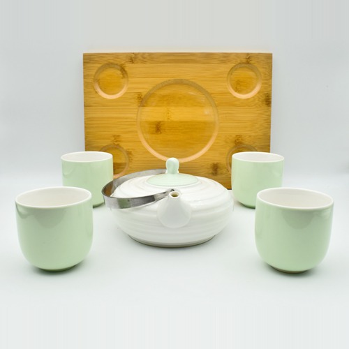 Green|Tea and Coffee Cup and Saucer with Kettle, Set of 5 Pieces