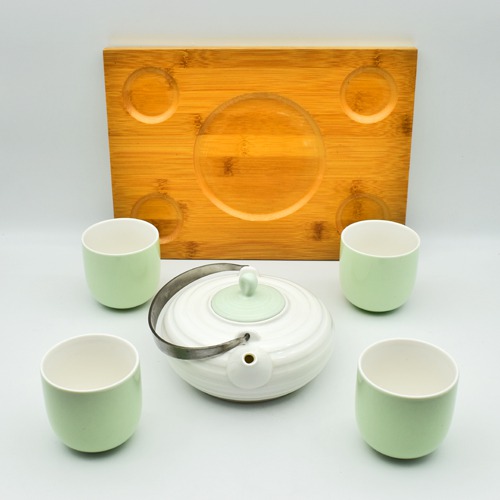 Green|Tea and Coffee Cup and Saucer with Kettle, Set of 5 Pieces