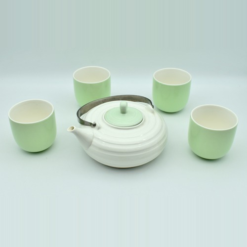 Green|Tea and Coffee Cup and Saucer with Kettle, Set of 5 Pieces