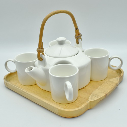 Ceramic Tea Set  | White Tea Set with 4 Cups & Saucer, Tea Kettle Pot