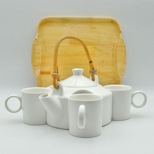 Ceramic Tea Set  | White Tea Set with 4 Cups & Saucer, Tea Kettle Pot