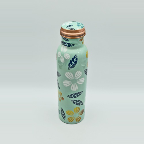 Copper Designer Green Colour With Flower Design Copper Water Bottle with Advanced Leak Proof Protection