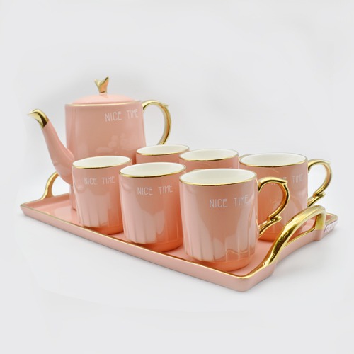 Ceramic Mug Set | Pink 6 Mug Set Tea Coffee Set | Mug Set With Tray