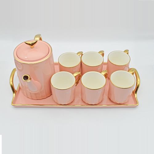 Ceramic Mug Set | Pink 6 Mug Set Tea Coffee Set | Mug Set With Tray