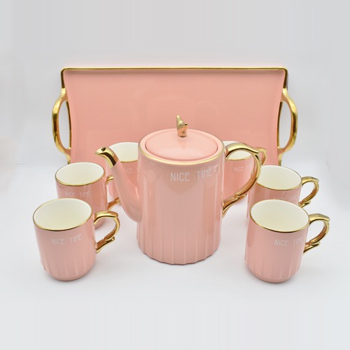 Ceramic Mug Set | Pink 6 Mug Set Tea Coffee Set | Mug Set With Tray