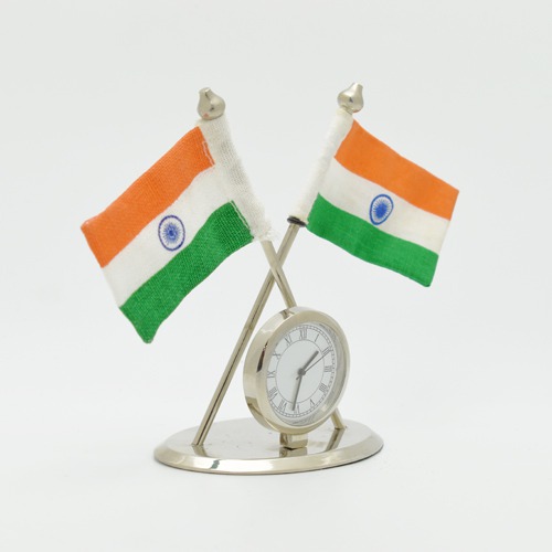 Metal Table Watch with Indian Flags | Indian National Flag with Desk Clock For Car Dashboard, Study Table, Office Table Comes With Metal Stand