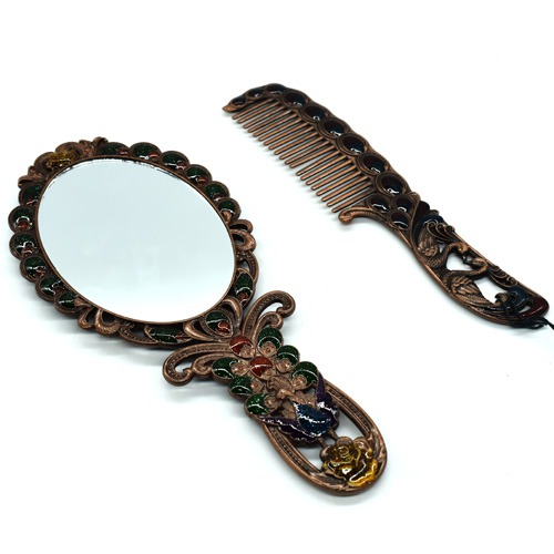 Metal Hand Mirror and Comb for Women, Girls | Makeup and Hair Styling Travel Mirror | Antique Work Multicolour Beautiful Comb and Mirror Set for Women and Girls