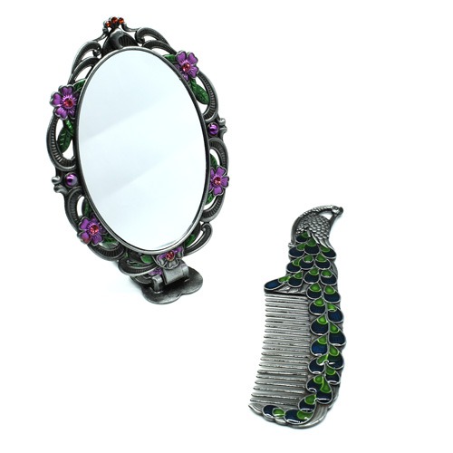 Beautiful Purple And Green Peacock Design Handicraft Metal Hand Mirror and Comb for Girls And Women's | Antique Work Beautiful Comb and Mirror Set for Women and Girls