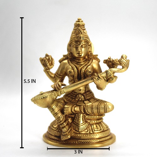 Brass Saraswati ji  Sitting Statue Murti for Pooja Room Home Temple Idol