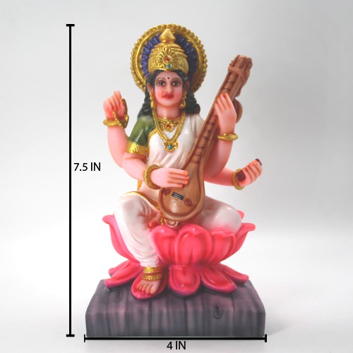 Sarswati Mata Sitting In lotus  Murti/Goddess Saraswati Fiber Statues for Home| Office| Car| Puja Ghar (Multicolour, 7 inch)