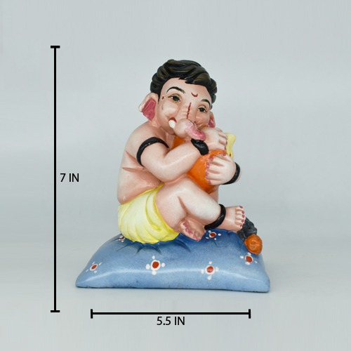 Bal Ganesha Sitting On Pillow With Modak Idol For Home Decor