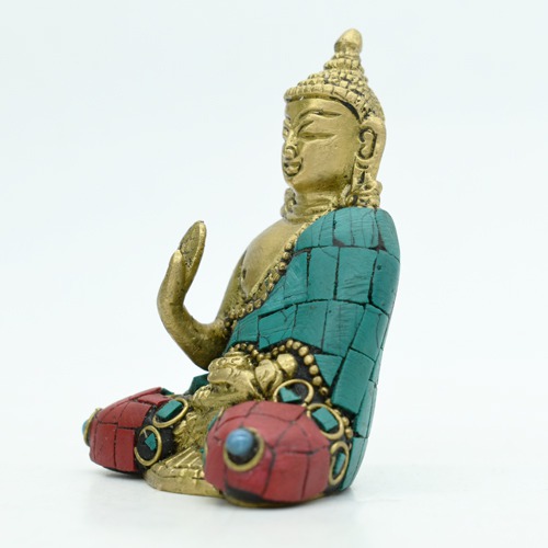 Buddha Statue Blessing Brass with Multicolor Stone Handwork Home Decor Entrance Office Table Living Room Meditation Luck Gift Feng Shui 3 Inch Idol