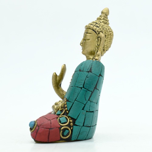 Buddha Statue Blessing Brass with Multicolor Stone Handwork Home Decor Entrance Office Table Living Room Meditation Luck Gift Feng Shui 3 Inch Idol