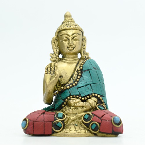 Buddha Statue Blessing Brass with Multicolor Stone Handwork Home Decor Entrance Office Table Living Room Meditation Luck Gift Feng Shui 3 Inch Idol