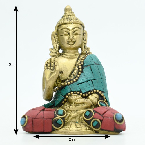 Buddha Statue Blessing Brass with Multicolor Stone Handwork Home Decor Entrance Office Table Living Room Meditation Luck Gift Feng Shui 3 Inch Idol