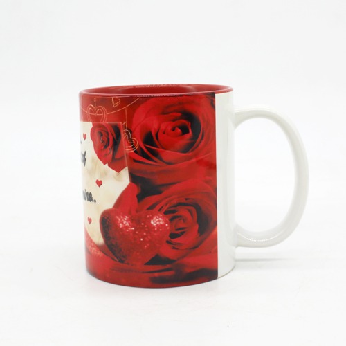 Classic Love Coffee Mug colored inside, outside with quote and flowers for valentines day.