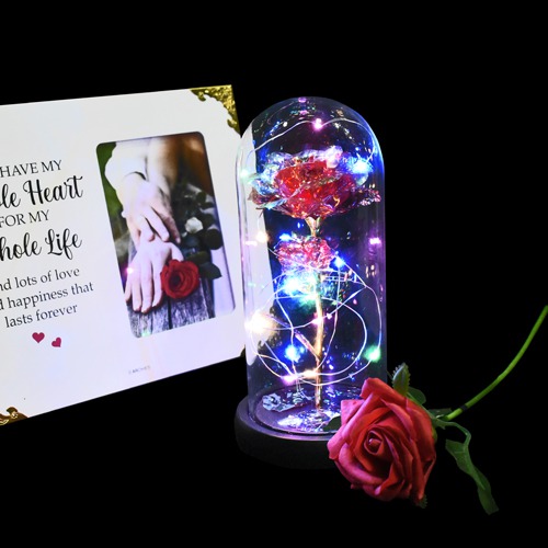 Beauty and the beast eternal enchanted rose flower in a glass jar with multicolored LED lightings with 3 modes. for valentins day