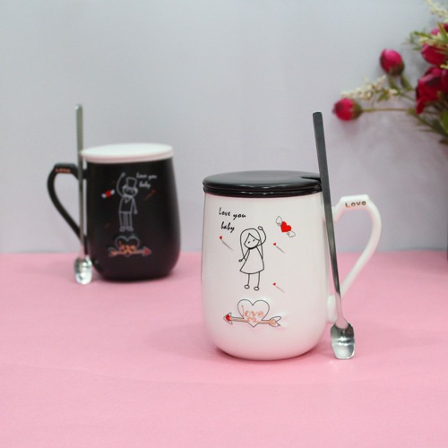 Ceramic Couple Coffee Mug Set With Lid and Spoon