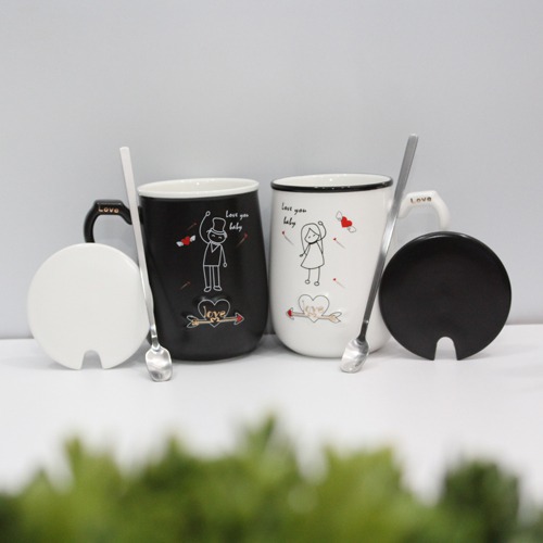 Ceramic Couple Coffee Mug Set With Lid and Spoon