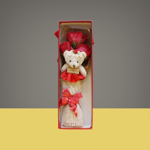 Cute Teddy Bear And Red Rose Bouquet