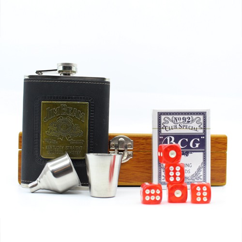 Wooden Hip Flask and Playing Card, Dice Set