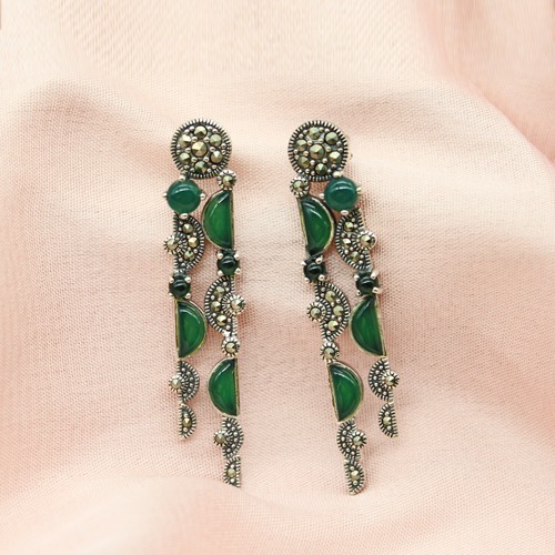 Green Colour Silver Finish Studded With Stones | Green Stone Earrings | Earrings