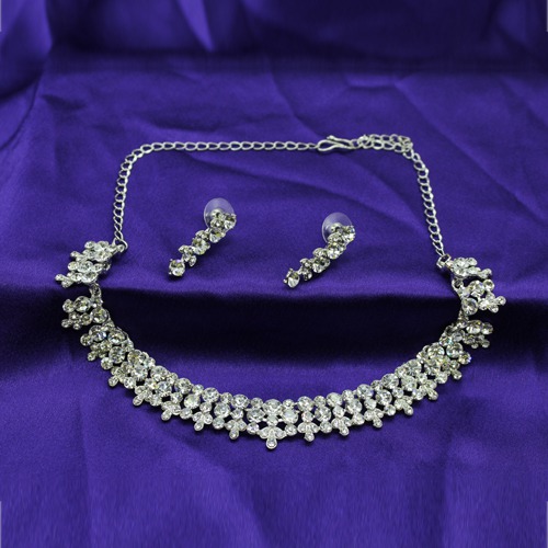 Silver Plated Diamond Studded Necklace Set With Earrings