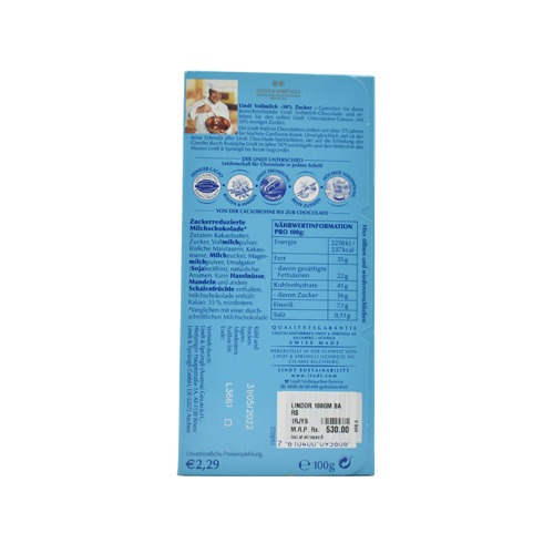 Lindt Vollmilch Ohne Zuckerzusatz (Whole Milk Without Added Sugar) Gluten-Free Chocolate Bar -100 g