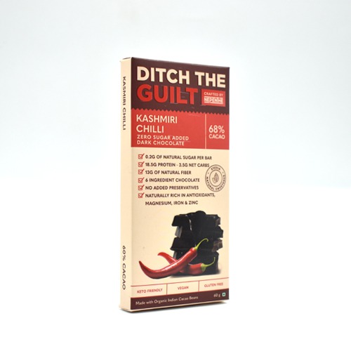 Kashmiri Chilli Vegan Dark Chocolate - Zero Sugar Added - Stevia Sweetened- High Protein