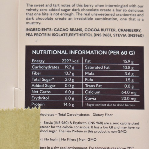 Cranberry (Unsweetened) Vegan Dark Chocolate - Zero Sugar Added - Stevia Sweetened - High Protein
