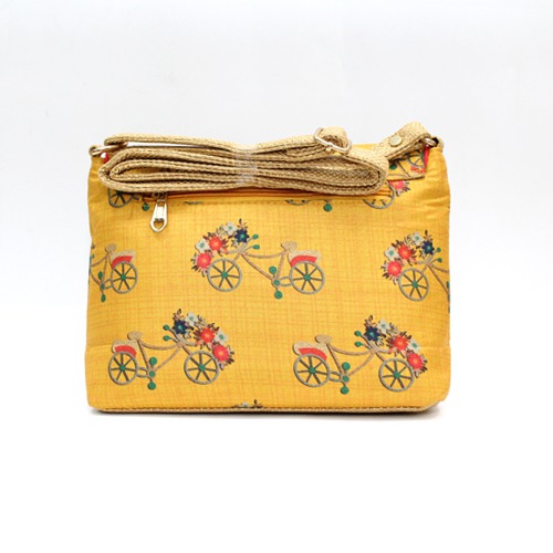 Yellow Colour Cycle Print Sling Bag | Leather Handmade Women's Handbags Sling Strap