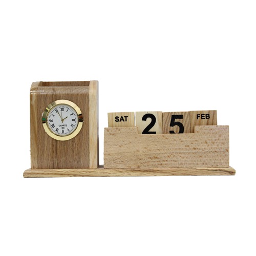 Wooden Pen Stan with clock| Desk organiser with Month, Date Calendar |  Desk Pencil Holder Stand Pen Display Stationery Organiser