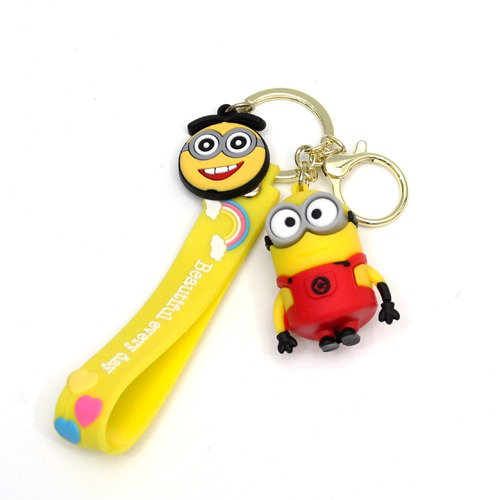Red 3D Minion Keychain With Lanyard | Minion Friends and Family Cartoon Character Rubber Keychain for Car Bike School Begs office PVC Rubber Keychain and Key ring