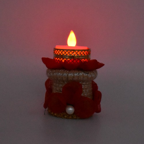 Small  Handcrafted Table Top Candle Stand With Red Flower  For Home Decoration