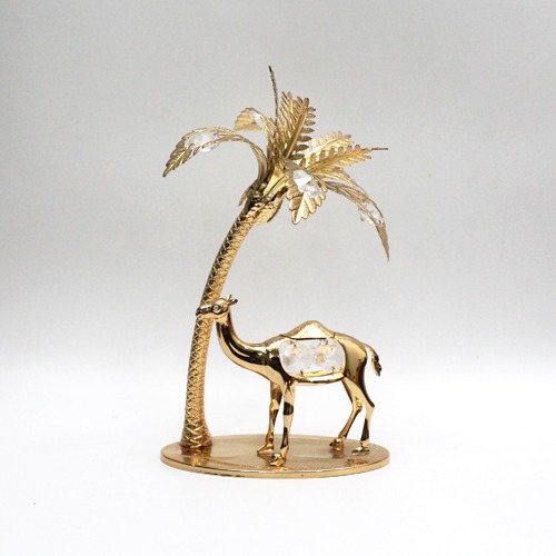 Palm Tree Figurine With Camel Gold Plated Metal Crystal Art