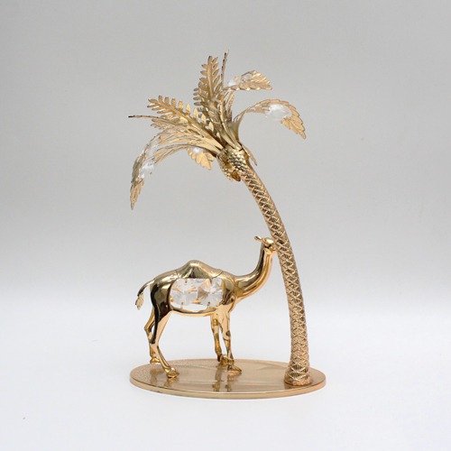 Palm Tree Figurine With Camel Gold Plated Metal Crystal Art