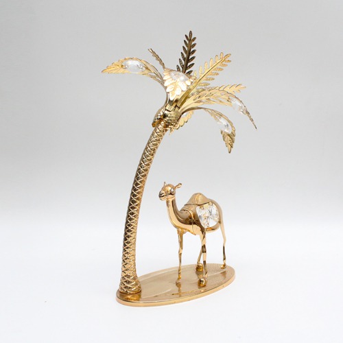 Palm Tree Figurine With Camel Gold Plated Metal Crystal Art