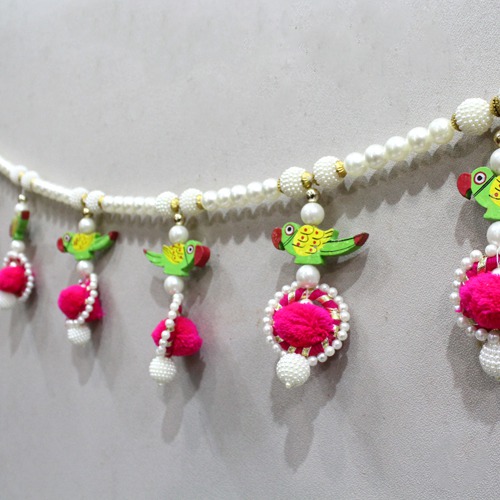 Traditional White Beads and Pink Pompom Toran