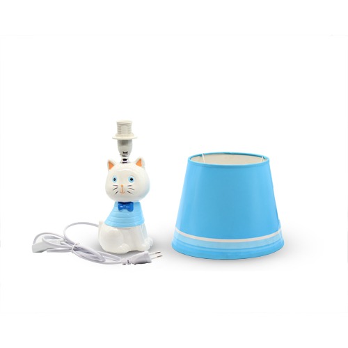 Blue Fabric Shade With Cute Cat Table Lamp For Home Decor, Desktop