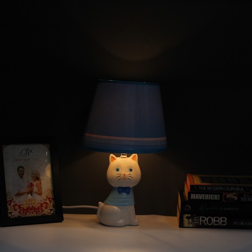 Blue Fabric Shade With Cute Cat Table Lamp For Home Decor, Desktop